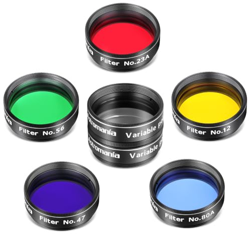 Astromania 3,25 cm Teleskop-Okularfilter-Set (6 Stück), variabler grauer Polarisationsfilter, 5 planetarische Farbfilter – verbessern die Mondplanetenbeobachtung – reduzieren Lichtverschmutzung