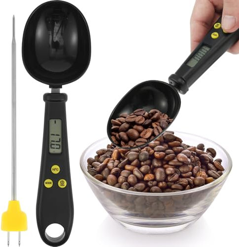 Fyeme Löffelwaage Digital mit Thermometernadel 20.5×5.8×3.3cm Digitaler Messlöffel mit LCD Display Abnehmbar Messlöffel Waage für Wiegen Mehl Zucker Kaffeebohnen Katzenfutter Hundefutter (Schwarz)