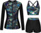 Kate Kasin Women's Floral Print 3pcs Swimwear Set Zip-Up Swim Jacket Padded Bikini Top High Waist Bottom Surfing Beachwear Black Palm Leaves M