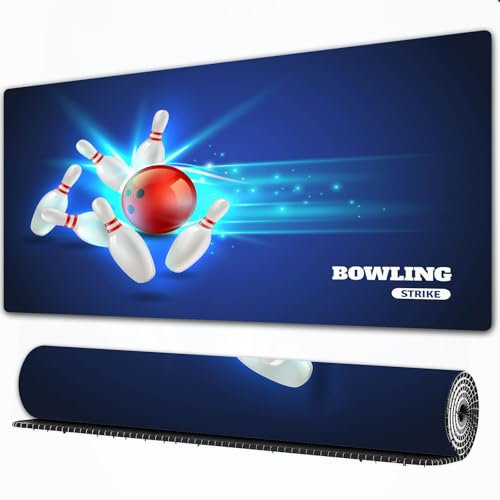 FEHWI Mauspad 90×40 cm Verlängertes großes Mauspad Schreibtischauflage,Bowling-Party-Dekorationen, Bowling Strike Red Ball und Klassische Pins Ali,genähte Kanten Gaming Mauspad,rutschfeste Gummibasis
