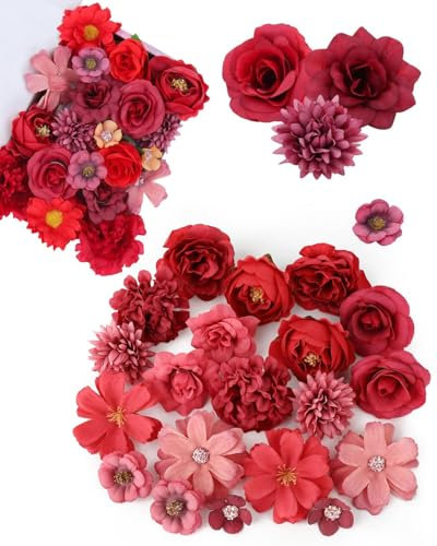 TPZORJX 20 Pcs Têtes de Fleurs Artificielles,Petites Fleurs Artificielles,Fausses Roses,Bricolage Mariage Fête Vacances Décoration Maison Jardin,Décoration Fleurs Artificielles (Rouge)