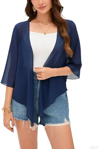 Dosieyeo Chiffon Bolero Damen Festlich 3/4 Arm Bolerojacke zum Binden Leichtes Jäckchen für Kleid Sommer Cover up Navy,S