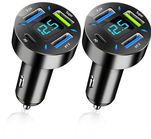 2 PCS 4 Puertos Cargador Mechero USB Carga Rapida, 66W Super y PD, con Voltímetro Led, Cargador Rápido Compatible con Múltiples Dispositivos y Todos Los Teléfonos Inteligentes