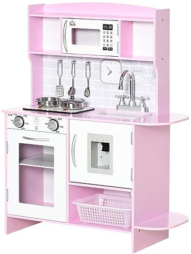 HOMCOM Cocina de Juguete de Madera para Niños de +3 Años Cocina Infantil con Luz Sonidos Dispensador de Agua Horno Fregadero Grifo con Agua y Placa de Cocina 70x29x90 cm Rosa