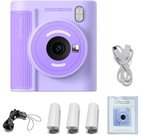 Docooler Kids Print Camera 1080P High-Clear Digital Camera Inkless Thermal Printer with Print Paper & 32G Card Gifts for Girls and Boys (Lila)