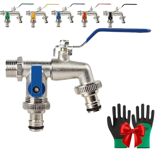 Universal Stainless Steel Double Outlet Garden Water Faucet, Outdoor Water Tap Valve with Double Outlet, for Washing Machines Garden,Outdoor Faucet (Blue)