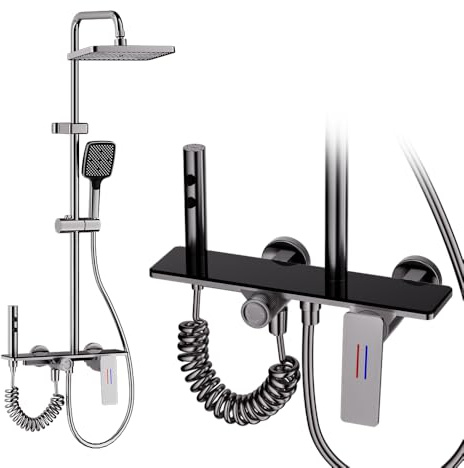 Duschsystem Schwarz Komplettset mit Ablage, 4-in-1 Duschgarnitur inkl. XXL Regendusche, 3-Modi Handbrause, Bidet-Sprüher & Wasserfall-Auslauf, Höhenverstellbare Duschsäule aus Edelstahl HEIJUE