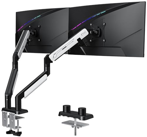 ETHU Dual Gas Spring Monitor Arm with Pole for 17-38 Screens up to 14kg | Heavy Duty Dual Monitor Desk Mount,Full Adjustable VESA Monitor Mount,Gas Spring Dual Monitor Stand,Black