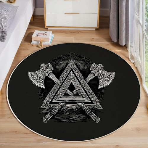 MLSOWM Viking Axe Round Rug 90cm Short Pile Area Rug with Non-Slip Backing Viking Mythology Super Soft Circle Rugs Washable Floor Mat for Entryway Living Room Bedroom, Black