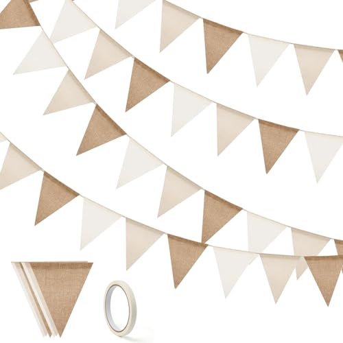 3er Wimpelkette Outdoor Beige, 4M Leinen Wimpelkettes mit Klebeband, Rustikal Boho Wimpelkette für Hochzeit Geburtstag Garten Party Outdoor Taufe Dekoration