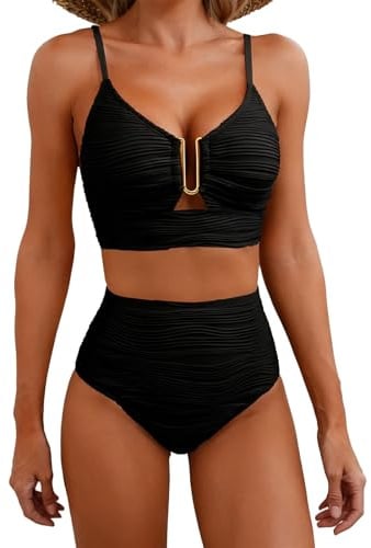 InfiniZer High Waisted Bikini Set for Women Tummy Control Swimming Costume, Adjustable Bikini Swimdress with Removable Pads, Quick-Dry 2 Piece Swimwear