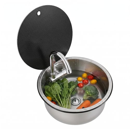 Wohnmobil Spülbeckenm, Edelstahl Spüle Rundes Waschbecken mit Klappbarer Wasserhahn & Glas Deckel, RV Küchenhandwaschbecken für Caravan Camper Wohnmobil (34x34x15cm)