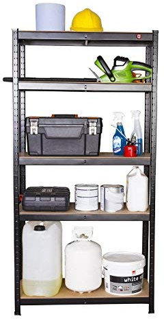 Qualtex Strong Industrial Steel & MDF 5 Tier Black Boltless Heavy Duty Garage Racking Shelving Unit/Racking | 90cm x 40cm x 180cm | 875kg Capacity | 175kg Per Shelf