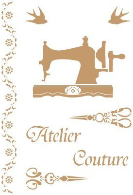 Stencil Deko Vintage Komposition 195 Atelier Couture. Stencil Grösse: 20 x 30 cm Design Grösse: 17,8 x 26,1 cm Figur Grösse 1: 12,6 x 8,4 cm