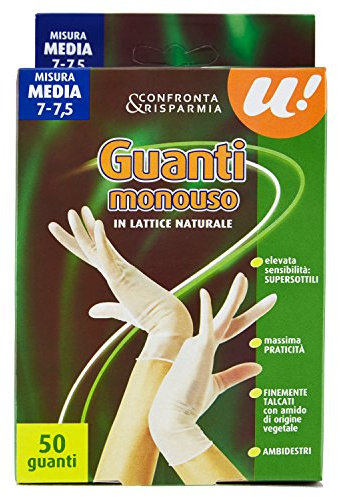 U! Confronta & Risparmia Guanti Monouso In Lattice Naturale Misura Media 7-7,5, 50 Pezzi
