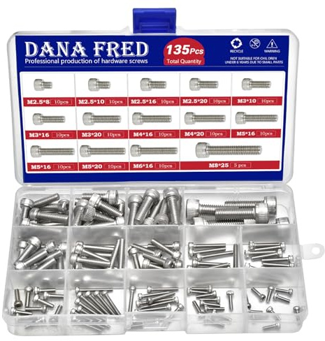 M2.5-M8 Hex Socket Head Cap Screw Metric Thread Hexagon Allen Machine Bolt 135Pcs M2.5 M3 M4 M5 M6 M8 304 Stainless Steel Metal Standard Fastener Hardware Assortment Set for Home Furniture Fastener