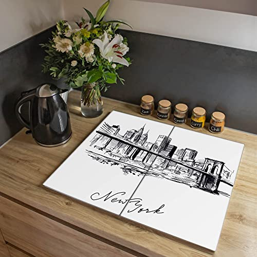 banjado® Herdabdeckplatte Glas 2-teilig 60x52 cm/Schneidebrett Herdabdeckung mit Motiv New York Skizze/Herdabdeckplatten Ceranfeld 2teilig / Schneidebrett Glas individuell einsetzbar
