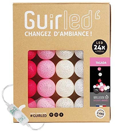GuirLED - LED Baumwollkugeln Lichterkette USB - Baby Nachtlicht 2h - Dual USB 2A Netzteil enthalten - 3 Intensitäten - 24 Kugeln 2.4m - Tagada