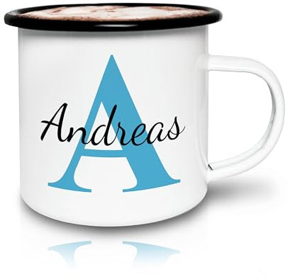 LOOXIS Personalisierte Emaille-Tasse mit Namen Bedruckt – 300 ml, Stahlemaille, Retro-Look, Kalligraphie, Metall-Becher – Geschenkidee Männer, Frauen, Camping, Trekking, Outdoor – Hellblau