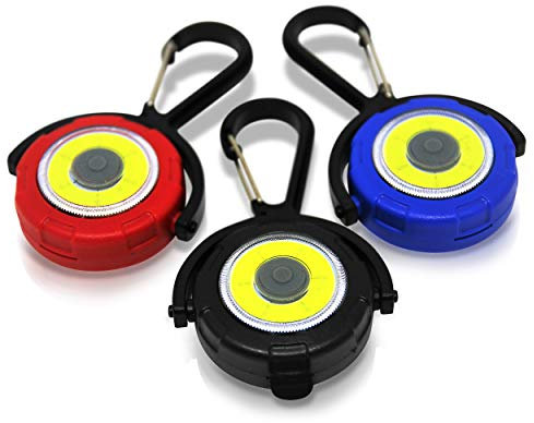 3x Kleine runde LED-Leuchte mit Karabiner als Mini Schlüsselanhänger Taschenlampe - 120 Lumen Superhelles COB Notfalllicht - Batterie LED-Lampe mit 3 Modi Stärkste Stroboskop Taschenleuchte (3er Set)