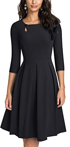 HOMEYEE Damen Vintage Aushöhlen Rundhals Abgefackelt Plissee Cocktailkleid A223 (S, Schwarz)