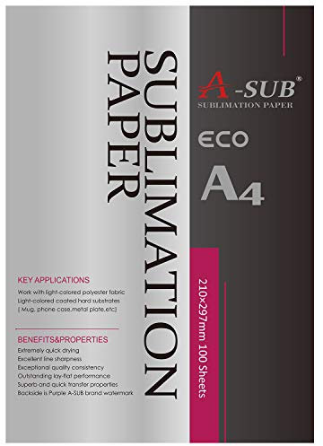 A-SUB Papel de sublimación A4, 210x297 mm, 100 hojas, Compatible con la impresoras de sublimación EPSON, SAWGRASS, RICOH, BROTHER
