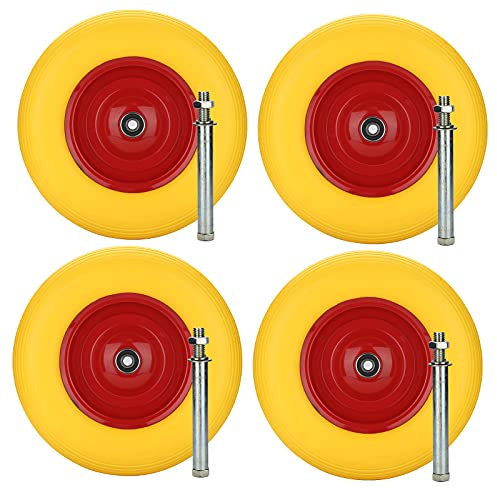 EINFEBEN 4x PU Schubkarrenrad Vollgummi 4.80/4.00-8 Ø 390mm 200 kg inkl.Pannensichere Vollgummireifen mit Achse, Gelb-Rot