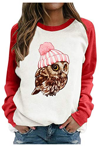 yiouyisheng Pullover Damen Tier Drucken Teenager Mädchen Sweatshirt mit Eulen Muster Langarmshirt Winter Rundhals Langarm Shirts Pulli Bluse Tops Jumper Owl Print Sweater Oberteile