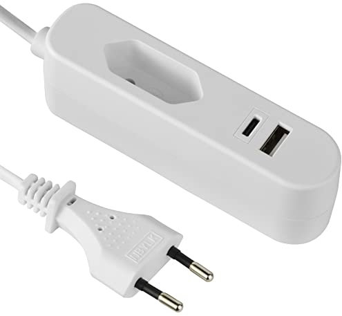 Electraline 62654, Elektrische Verlängerung/Europäischer Reiseadapter (Eurostecker Typ C) / Tragbares Schnellladegerät mit 2 USB 3.4A (1 type A + 1 type C), 1.5M Kabel