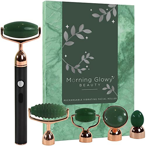 Morning Glowy Beauty Rouleau vibrant et masseur facial : rouleau de jade rechargeable 5 en 1 pour une peau douce et lisse
