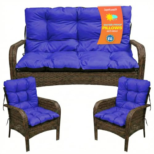 SuperKissen24. Sitzkissen Bankkissen Bankauflage - 100x50 cm und Rückenlehne 100x60 cm mit 2er 48x96 cm Stuhlkissen Set - Outdoor und Indoor - Blau