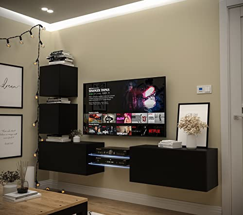 Furnitech Wohnwand Wohnzimmer | Wohnzimmer Möbel mit LED RGB - 16 Farben | Hängend Wohnwand Modern | Wohnzimmer Schrankwand mit Regale und TV Schrank (AN100-21B-M4-1B)