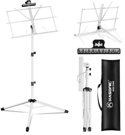 K Kasonic Léger Pupitres de Musique, Support de Partition Pliable 2 en 1 avec Clip, Support de Partitions Portable avec Sac, Trépied de Support de Partitions pour Besoins Musicaux, Blanc