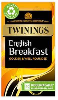 Twinings English Breakfast Black Tea Golden, Well Rounded & Full Bodied, 40 Biodegradable Tea Bags