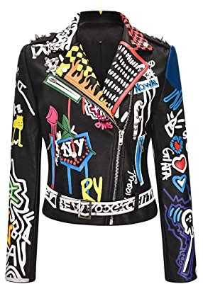 LOEBKE Graffiti Nieten Damen PU-Lederjacke Punk-Stil Motorradjacken Mäntel Street Rock Jacke, Schwarz, Large