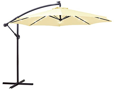 Neo 3M Garden Banana Outdoor Waterproof Freestanding Parasol LED Lights Hanging Cantilever Umbrella Sun Shade with Crank Handle Cross Base (Cream)