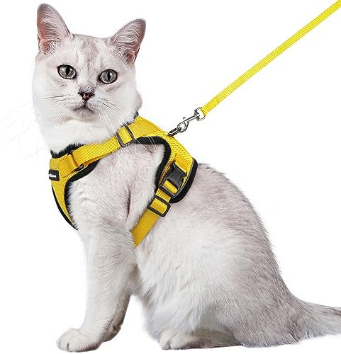 rabbitgoo Katzengeschirr mit Leine Softgeschirr für Katze Brustgeschirr Cat Harness Katzengarnitur ausbruchsicher verstellbar Katzenweste Gelb M