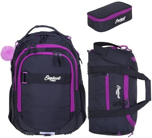 Elephant 3 Teile Set Schulrucksack Jungen Mädchen Signature Hero 2 Schultasche Laptopfach Rucksack + Sporttasche + Mäppchen Box (Tiff Lila 13015 (Schwarz Lila Violett))