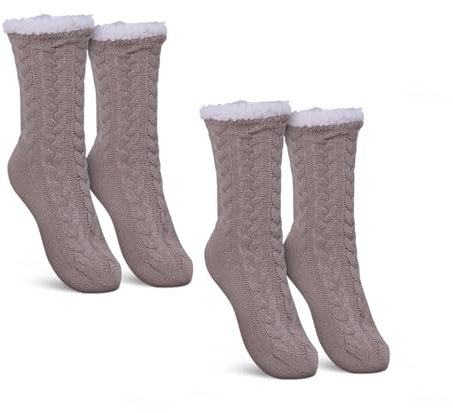Bestlivings Haussocken Damen mit Teddyfutter - Hüttensocken mit Anti-Rutsch-Sohle - ABS Norweger Socken Zopfmuster - Kuschelsocken Einheitsgröße Stopper (Beige (2 Paar))