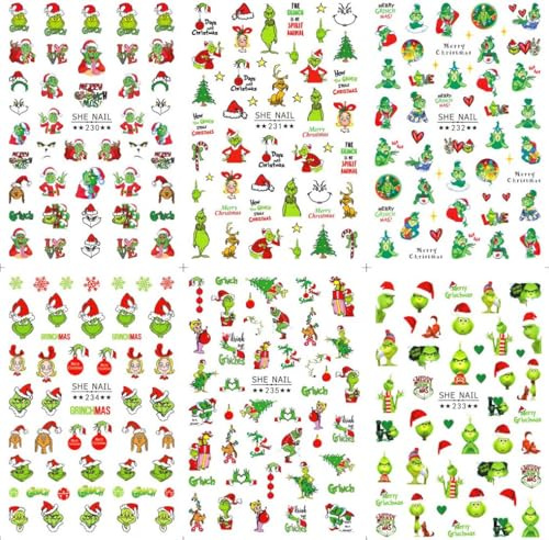 Christmas Nail Art Sticker Christmas Nail Decals 3D Self Adhesive Nail Supplies Christmas Nail Stickers Green Monster Nail Designs Winter Xmas Holiday for Nail Decoration DIY Nail Decoration