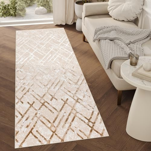 TAPISO Crystal Läufer Teppich Glänzend Gold Beige Creme Linien Figuren Zigzag Wohnzimmer Schlafzimmer Flur Korridor Modern Design ÖKO-TEX 80 x 500 cm