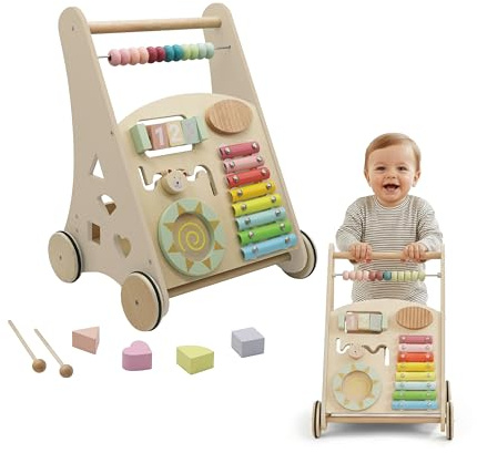 BUDDY BABY Montessori- Walker Baby en bois - Poussette pour premiers pas avec jouets et activités - Chariot tapis roulant pour enfants +12 mois (Oslo/Multicolor)