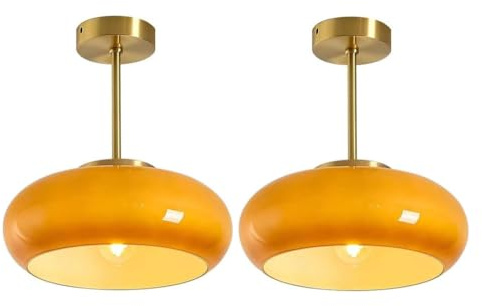 Mid-Century Pendant Lights Orange Ceiling Lights Glass Semi Flush Mount Ceiling Light Metal Ceiling Lamp With Dome Glass Shade Brass Vintage Modern Ceiling Light Fixtures For Hallway Dining Room