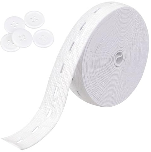 Mozeat Lens 5m Gummiband zum Nähen Gummiband mit Knopfösen Elastisches Gummiband Nähen für Hosenrock Stirnband mit 5 Stück Knöpfe Knopfloch Spule zum Stricken, Taillenbändern (weiß)