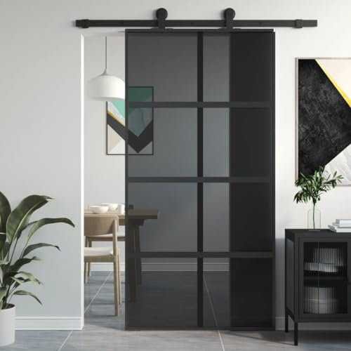 Gecheer Puerta corredera para interior, de cristal ESG y aluminio, negro y transparente oscuro, 102,5 x 205 cm, puerta corredera de cristal y aluminio, puerta para interior
