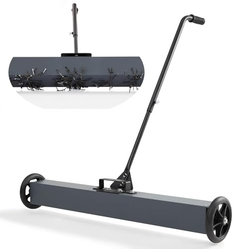 Rolling Magnetic Sweeper 24-inch with Wheels, Push-Type Magnetic Pick-Up Sweeper Quick Release Latch 24-inch Large Magnet Pickup Lawn Sweeper with Telescoping Handle Magnetic Pickup Tools