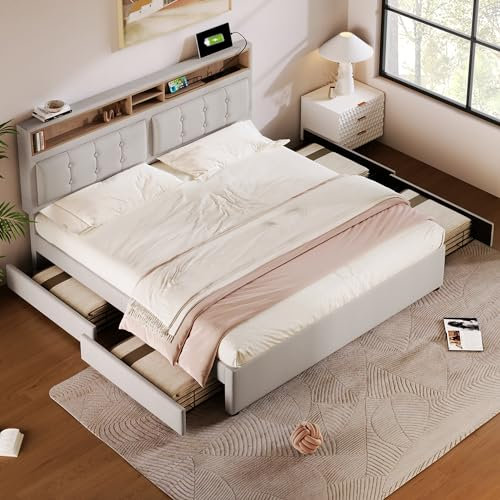 FEZTOY Polsterbett 160x200, Doppelbett mit USB und 4 Schubladen, verstellbar Kopfteil, Rückenlehne Bett und Lattenrost, Stauraumbett Jugendbett, Beige, Ohne Matratze