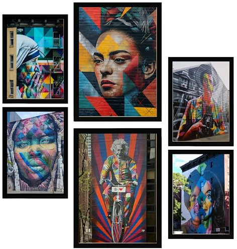Nacnic-Set mit 6 Dekorative Malerei Graffiti, bunte Straßenkunst. Frida, Einstein, Teresa, Jackson, Gerahmtes Poster mit Design-Illustrationen zur Dekoration der Wände A3 & A4 Schwarzer Rahmen