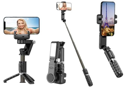 SRIKEKL Stabilizzatore cardanico per smartphone, bastone per selfie a 2 assi con treppiede con luce LED, rotazione a 360° con telecomando per Android e iPhone, ideale per Vlogging, YouTube, TikTok