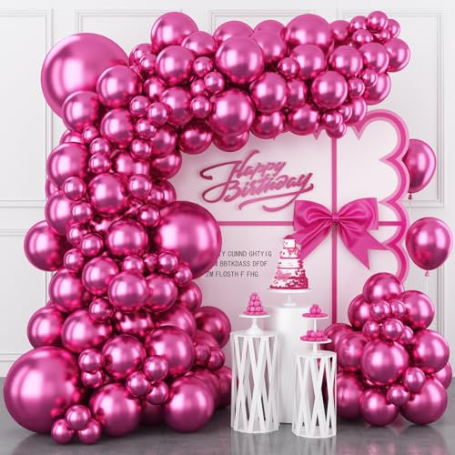 Globos cromados rosa intenso de diferentes tamaños, 123 paquetes de globos metálicos rosa fucsia, paquete de 18, 12, 10, 5 pulgadas, kit de arco de guirnalda de globos fucsia brillante para niñas y